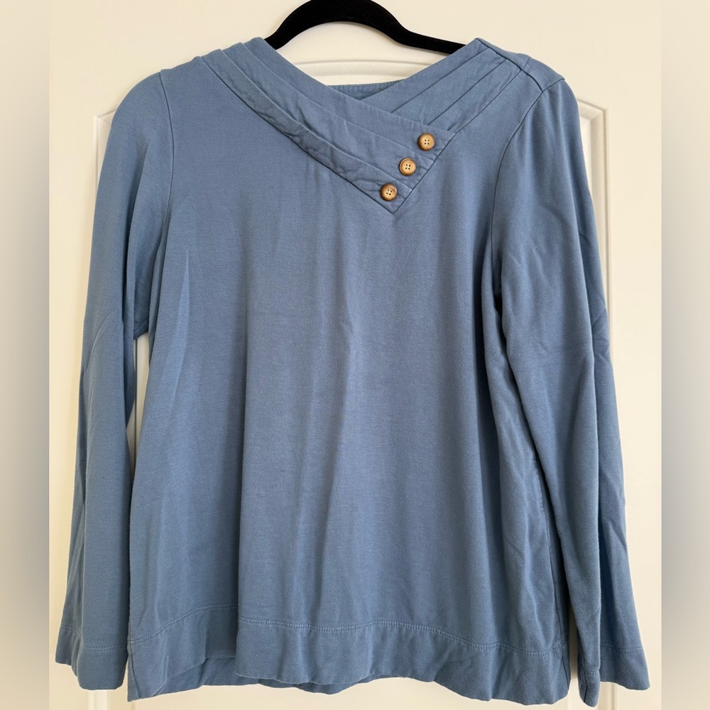 Pure Jill Blue V-Neck Button Detail Long Sleeve Top XS Rayon Blend